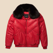 Front view of the MOTOGRIP red lambskin leather puffer jacket, showing its red body with tonal V stitching.