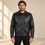 Wexford Men's Convertible Collar Lambskin Bomber Jacket in black front view on male model
