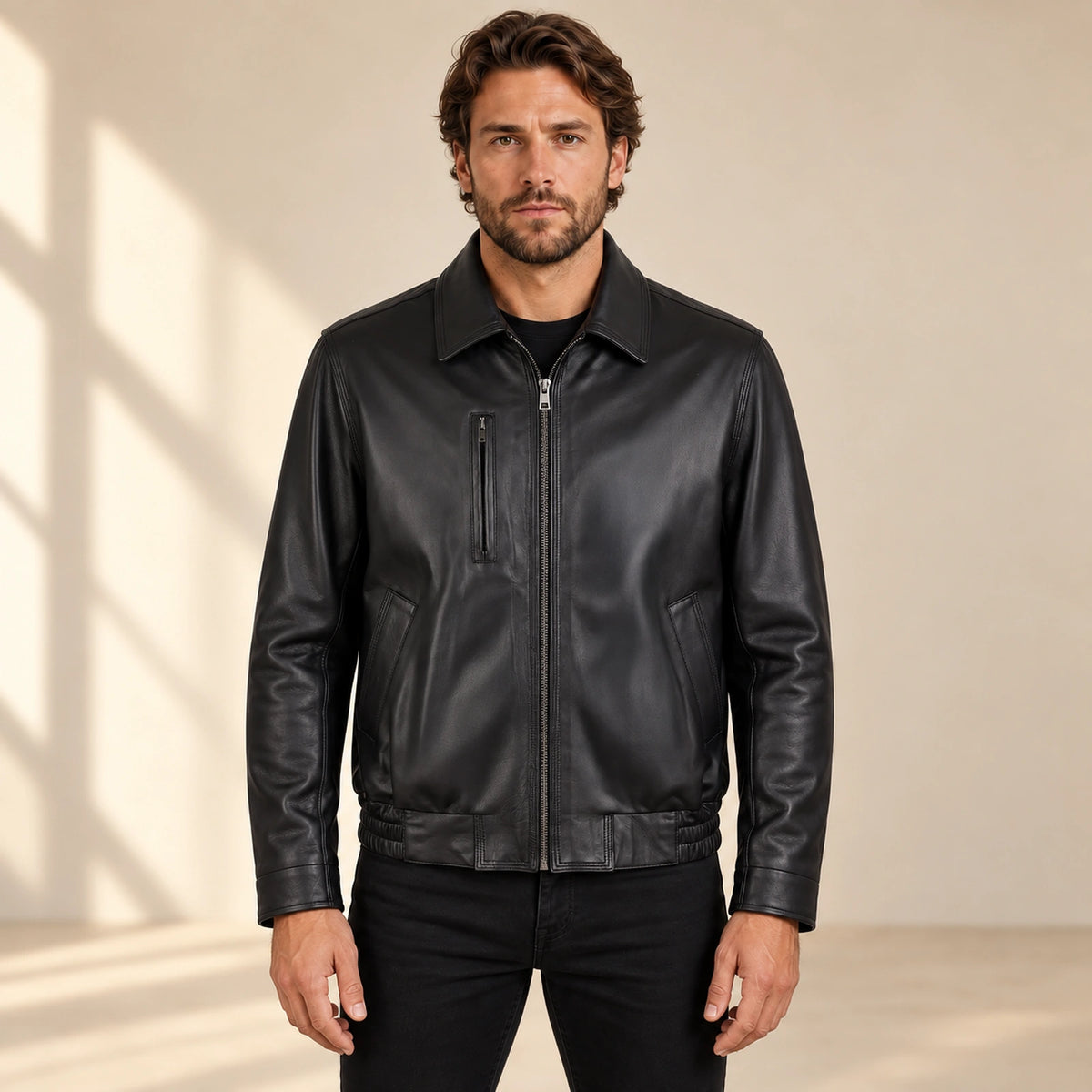Wexford Men's Convertible Collar Lambskin Bomber Jacket in black front view on male model