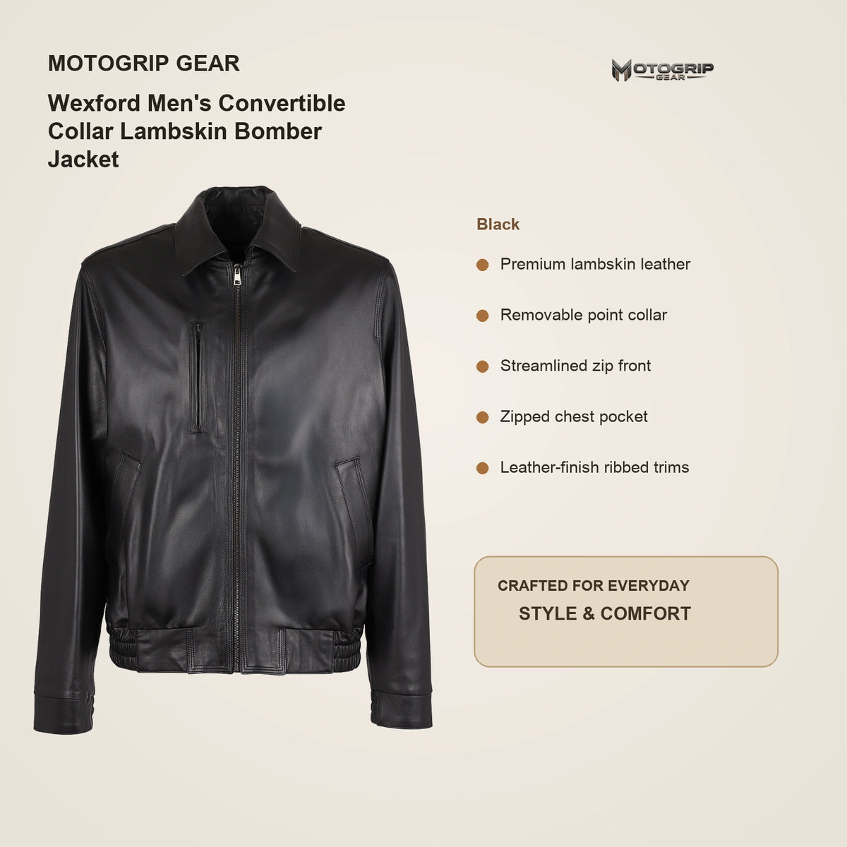 Wexford Men's Convertible Collar Lambskin Bomber Jacket key features