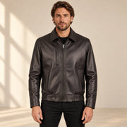Wexford Men's Convertible Collar Lambskin Bomber Jacket in dark brown front view on male model