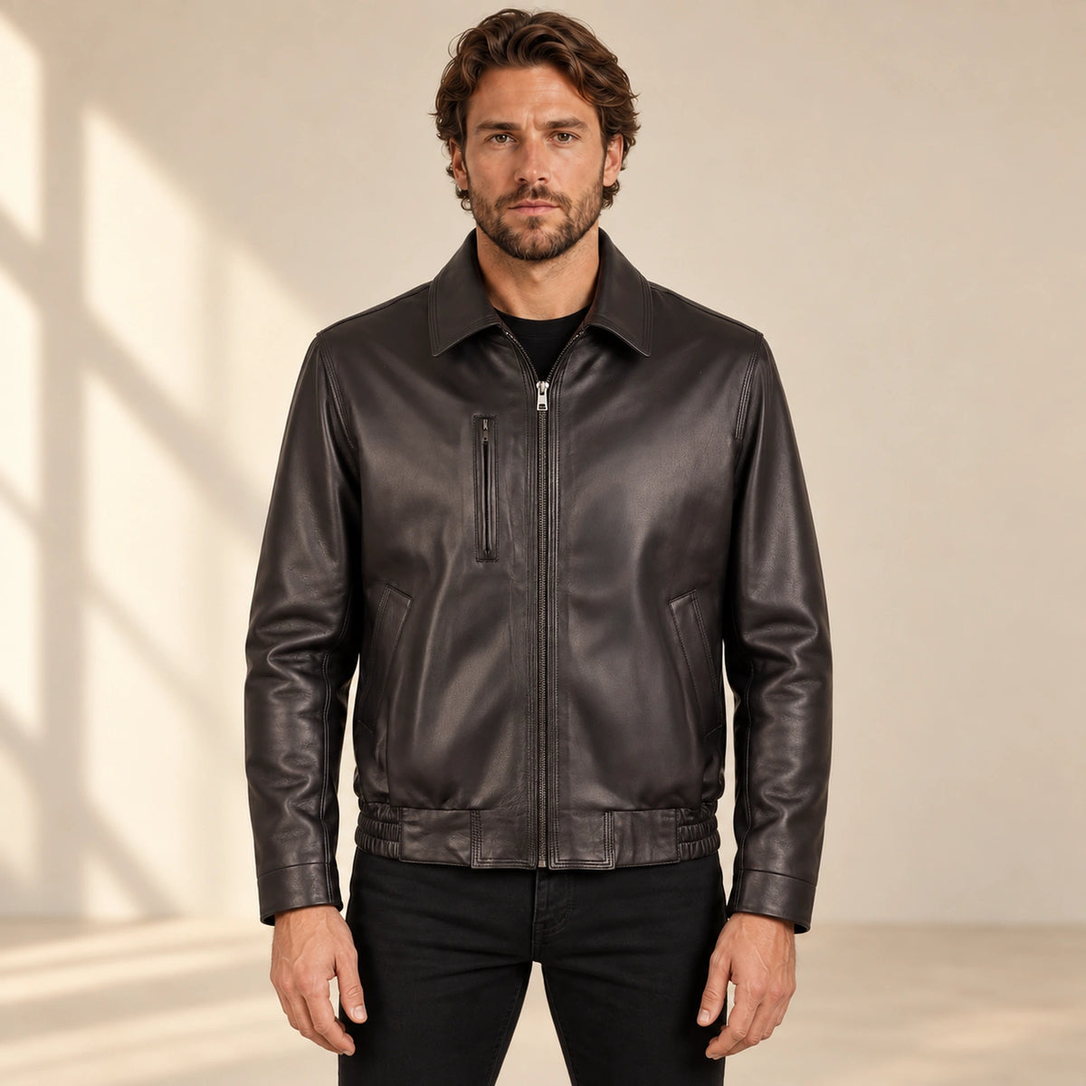 Wexford Men's Convertible Collar Lambskin Bomber Jacket in dark brown front view on male model
