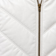 Whitehaven men's white lambskin leather puffer jacket close up with black fur collar