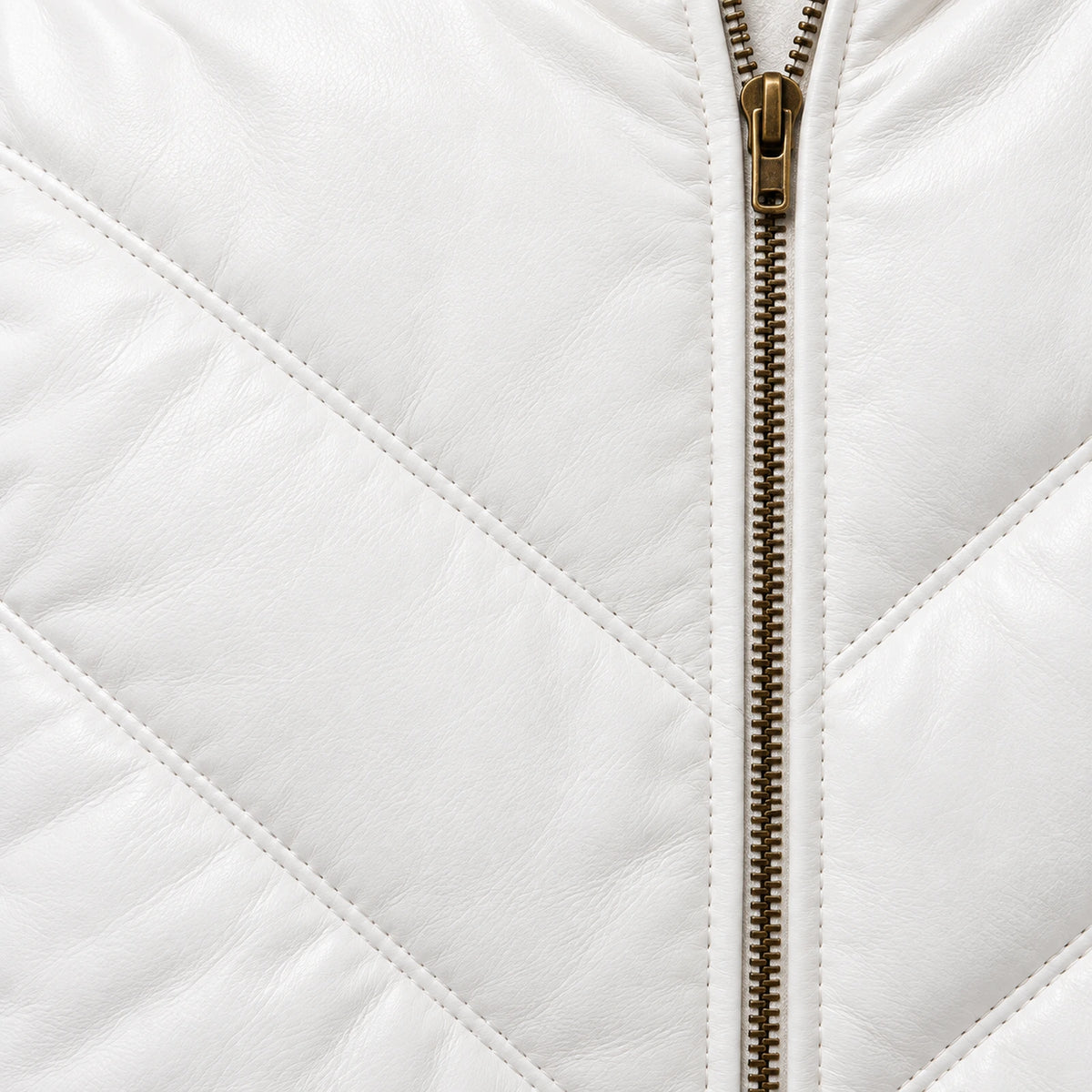 Whitehaven men's white lambskin leather puffer jacket close up with black fur collar