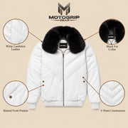 Whitehaven men's white lambskin leather puffer jacket infographic with black fur collar