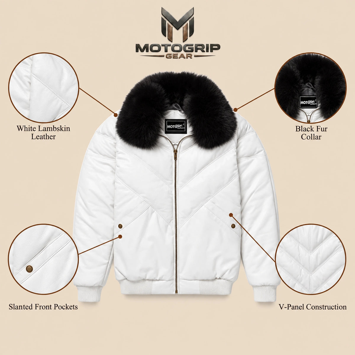 Whitehaven men's white lambskin leather puffer jacket infographic with black fur collar
