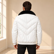 Whitehaven men's white lambskin leather puffer jacket model back with black fur collar