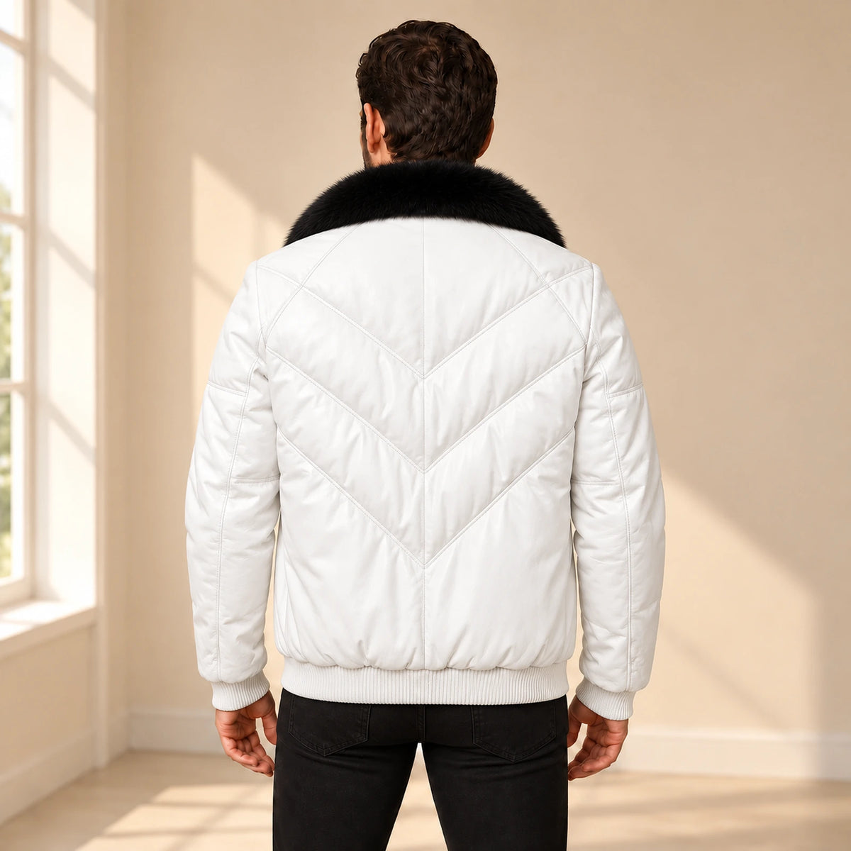 Whitehaven men's white lambskin leather puffer jacket model back with black fur collar