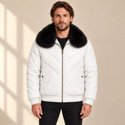 Whitehaven men's white lambskin leather puffer jacket model front with black fur collar
