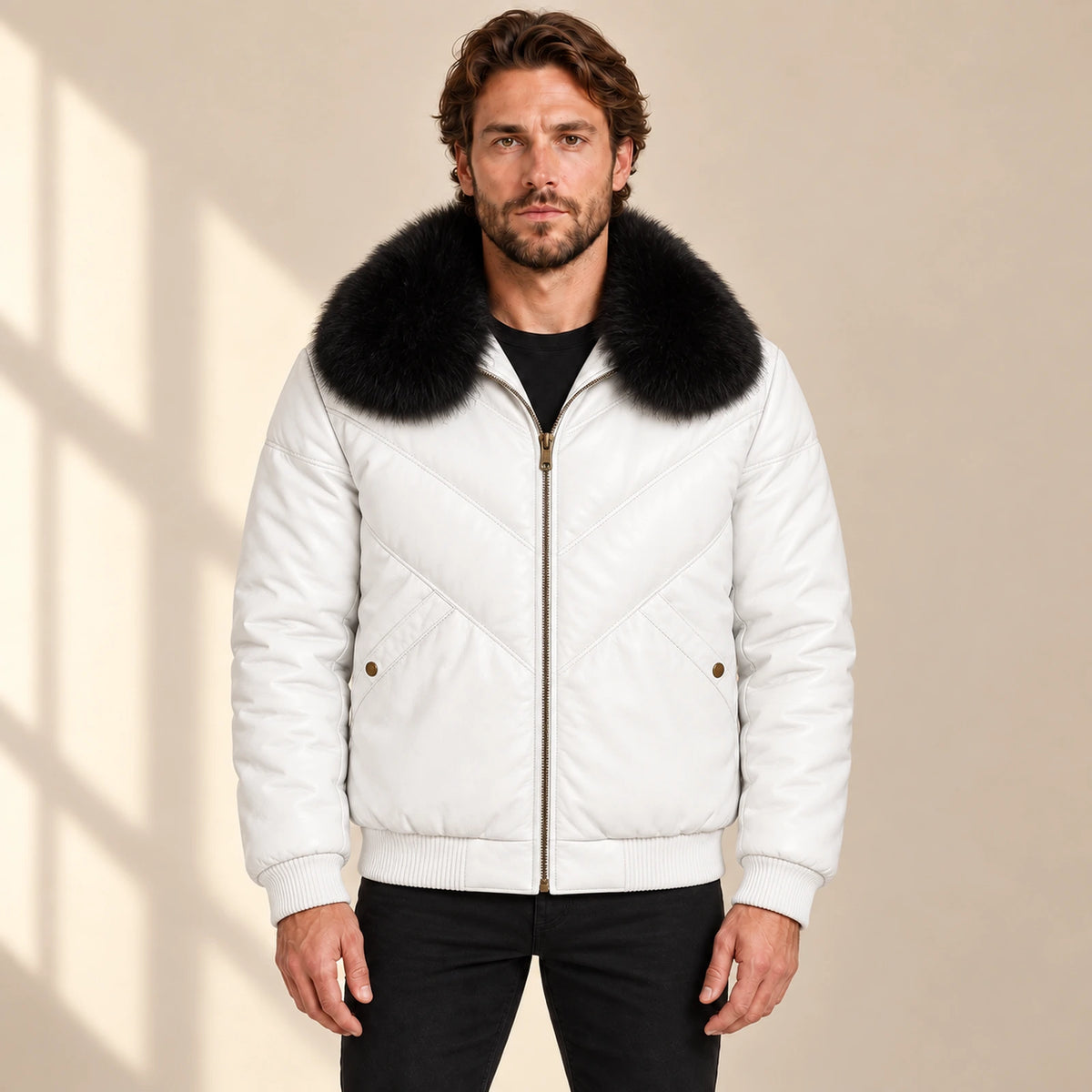 Whitehaven men's white lambskin leather puffer jacket model front with black fur collar