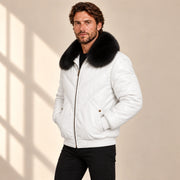 Whitehaven men's white lambskin leather puffer jacket model side angle with black fur collar
