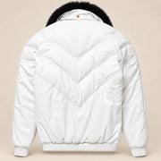 Whitehaven men's white lambskin leather puffer jacket product back with black fur collar