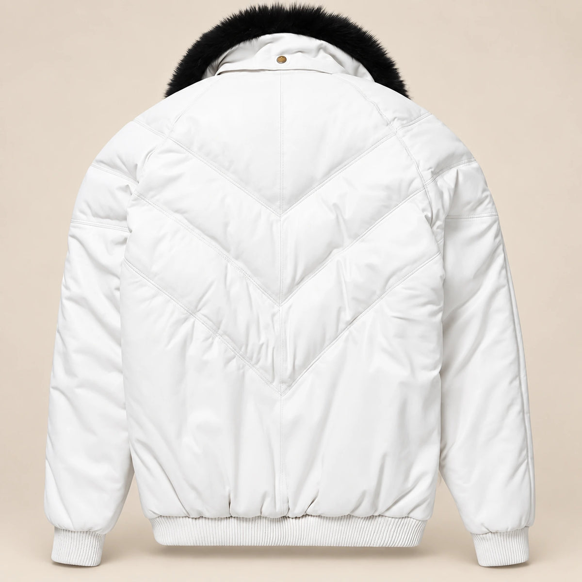 Whitehaven men's white lambskin leather puffer jacket product back with black fur collar