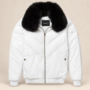 Whitehaven men's white lambskin leather puffer jacket product front with black fur collar