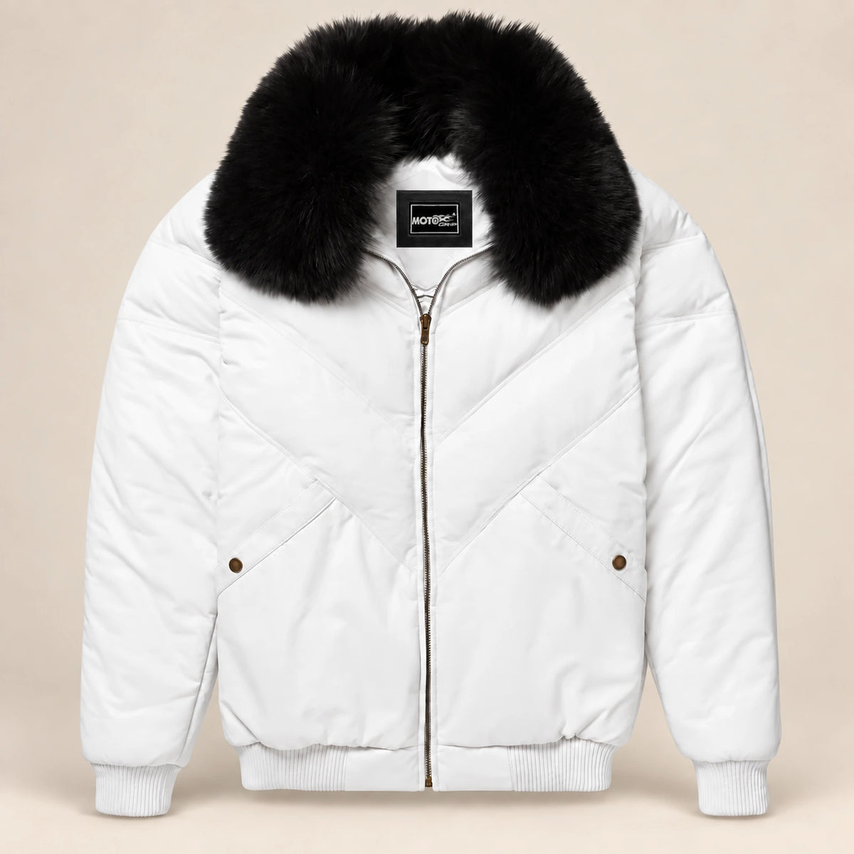Whitehaven men's white lambskin leather puffer jacket product front with black fur collar