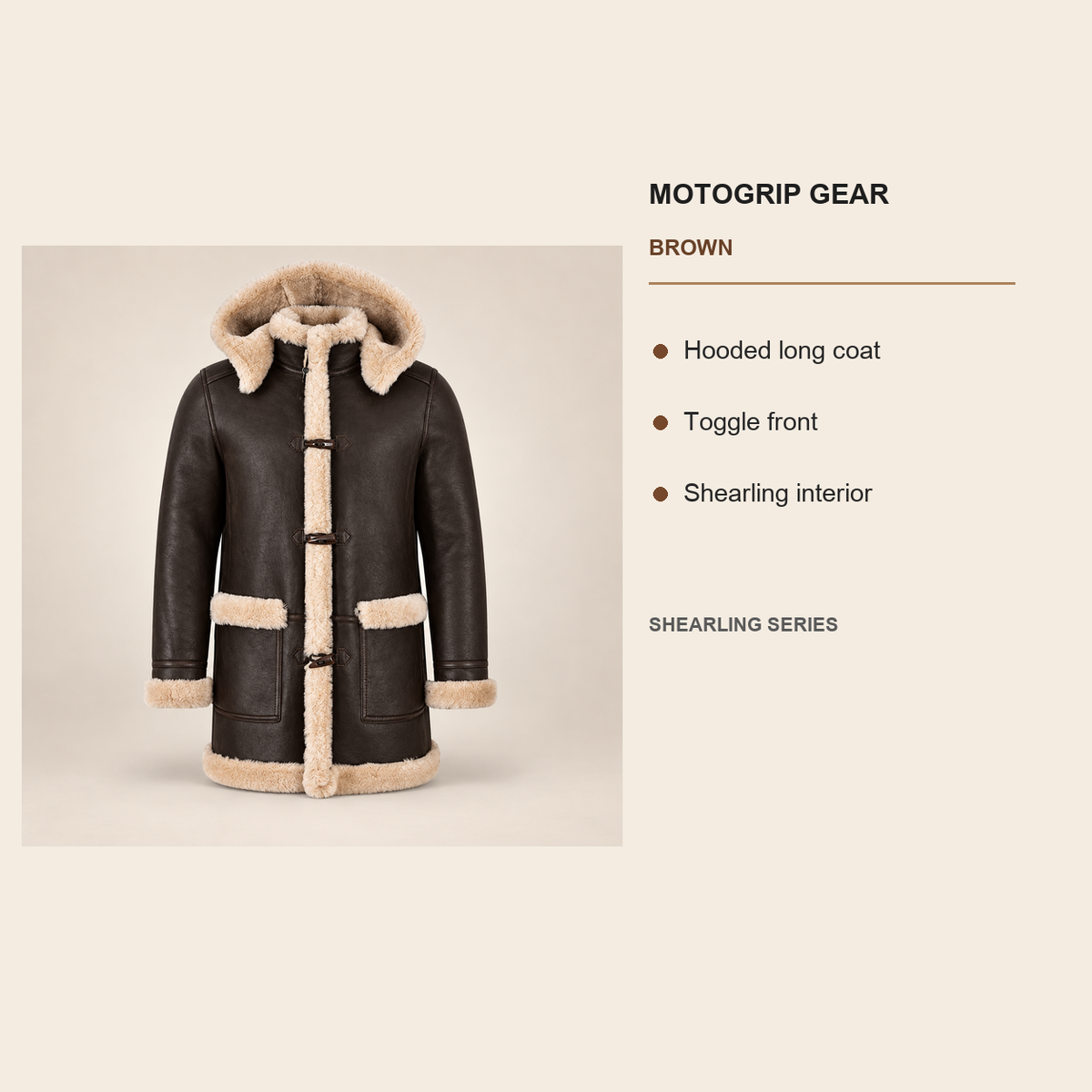 Key design features of the Wycliffe Men's Brown Hooded Shearling Duffle Coat