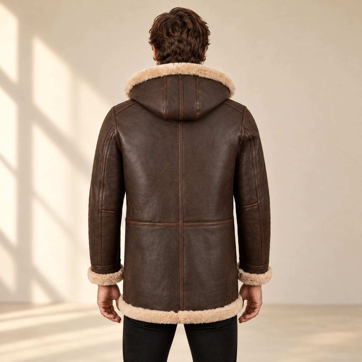 Back model view of the Wycliffe Men's Brown Hooded Shearling Duffle Coat