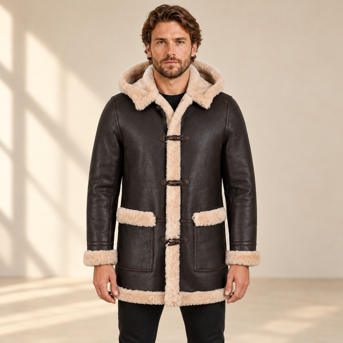 Front model view of the Wycliffe Men's Brown Hooded Shearling Duffle Coat