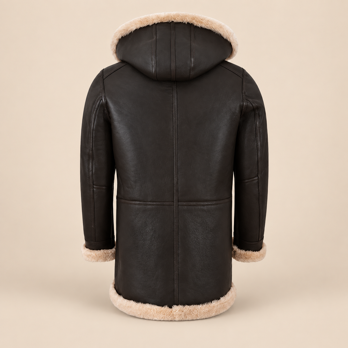 Back product view of the Wycliffe Men's Brown Hooded Shearling Duffle Coat