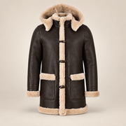 Front product view of the Wycliffe Men's Brown Hooded Shearling Duffle Coat