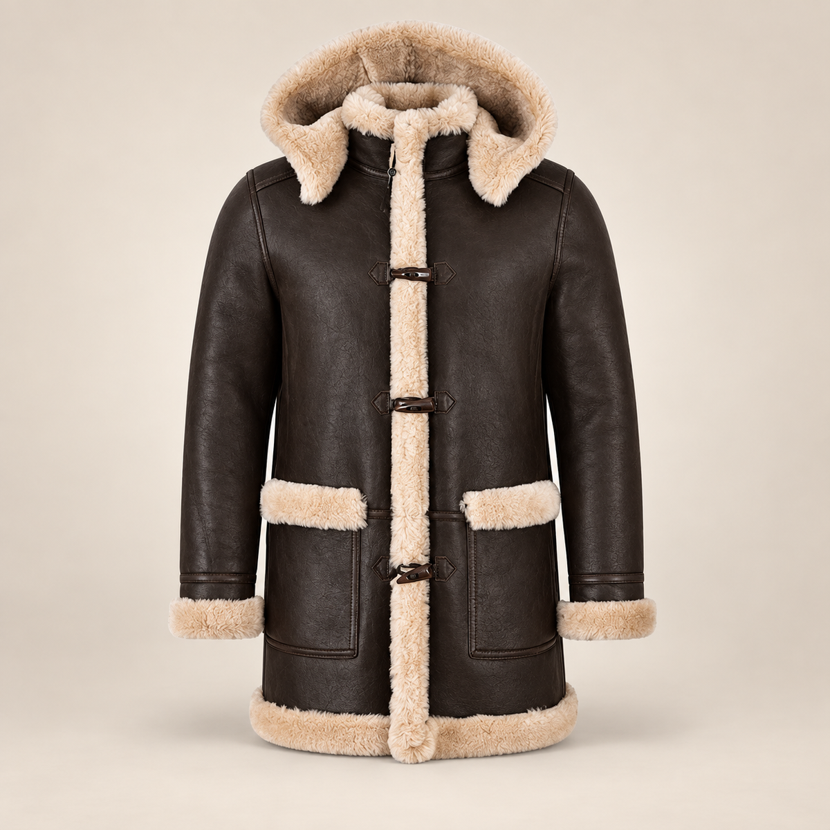 Front product view of the Wycliffe Men's Brown Hooded Shearling Duffle Coat