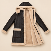Open inner shearling view of the Wycliffe Men's Brown Hooded Shearling Duffle Coat