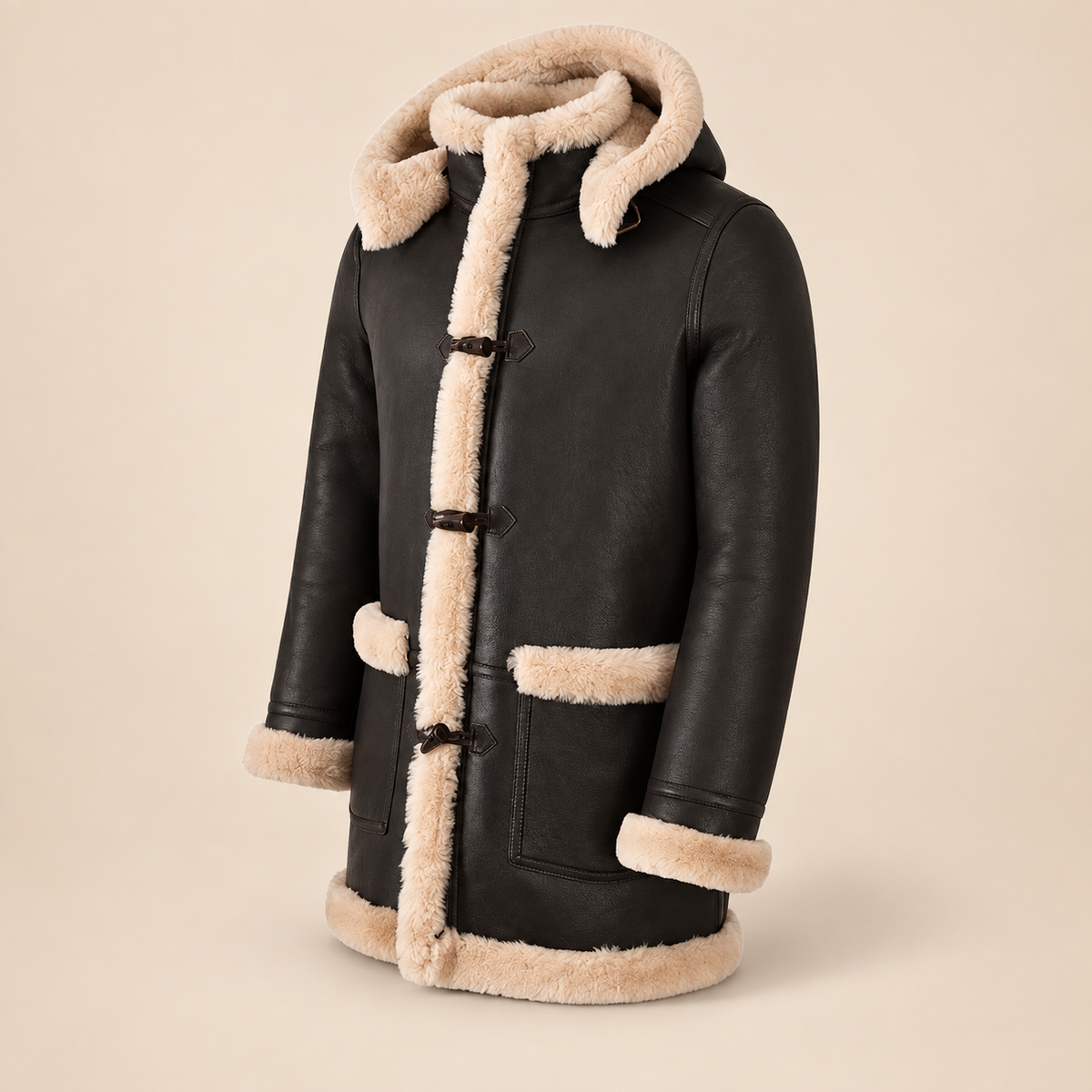 Three-quarter product view of the Wycliffe Men's Brown Hooded Shearling Duffle Coat