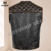 Men’s Crocodile Embossed Cowhide Leather Motorcycle Vest – Contrast Stitch Biker Club Vest