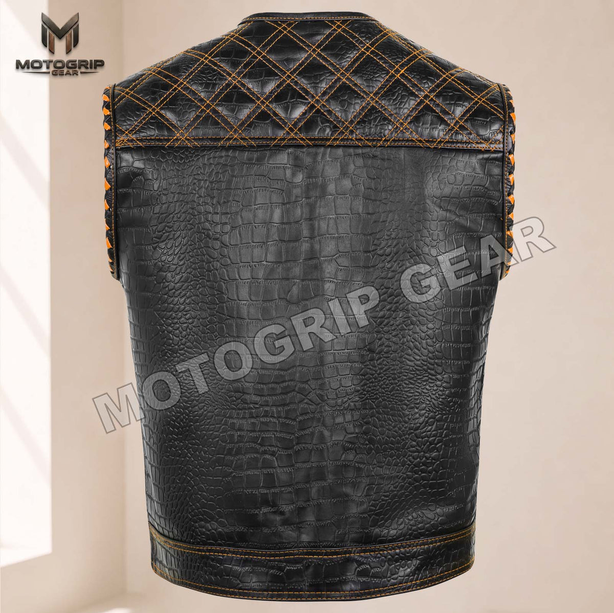 Men’s Crocodile Embossed Cowhide Leather Motorcycle Vest – Contrast Stitch Biker Club Vest