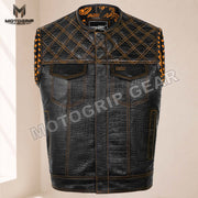 Men’s Crocodile Embossed Cowhide Leather Motorcycle Vest – Contrast Stitch Biker Club Vest