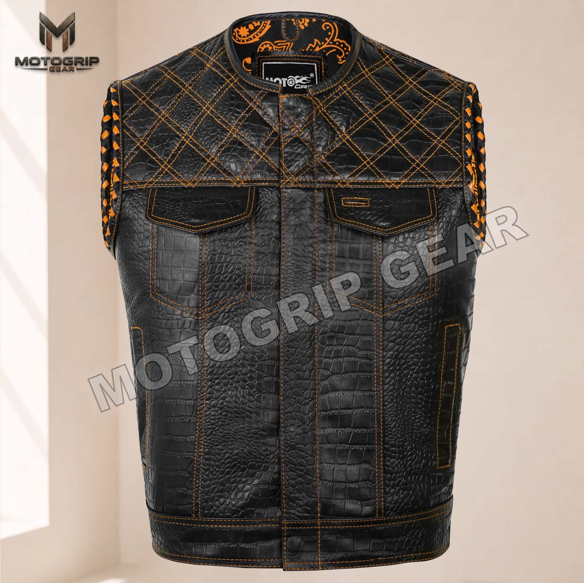 Men’s Crocodile Embossed Cowhide Leather Motorcycle Vest – Contrast Stitch Biker Club Vest
