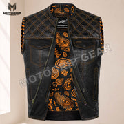Men’s Crocodile Embossed Cowhide Leather Motorcycle Vest – Contrast Stitch Biker Club Vest