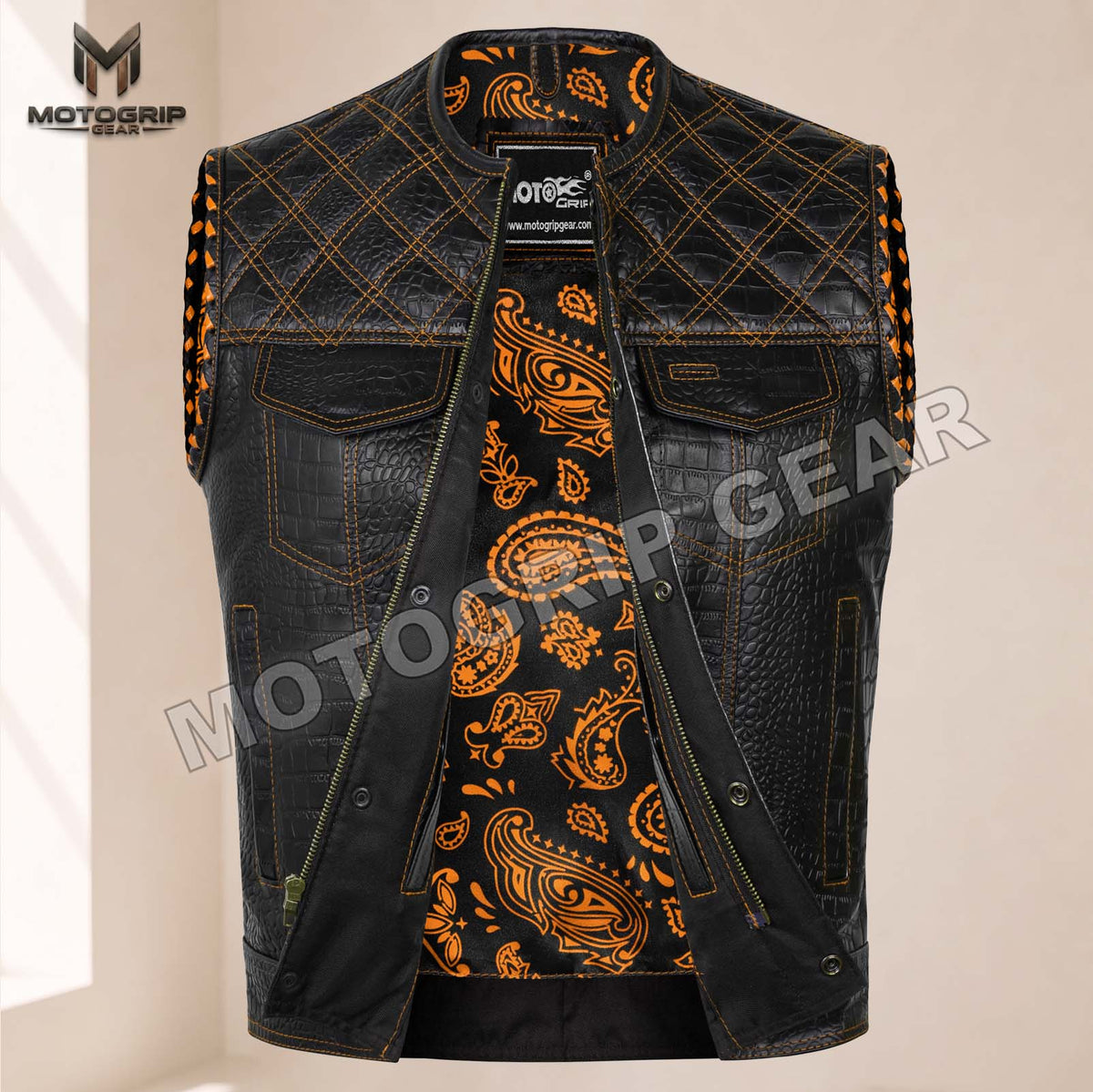 Men’s Crocodile Embossed Cowhide Leather Motorcycle Vest – Contrast Stitch Biker Club Vest