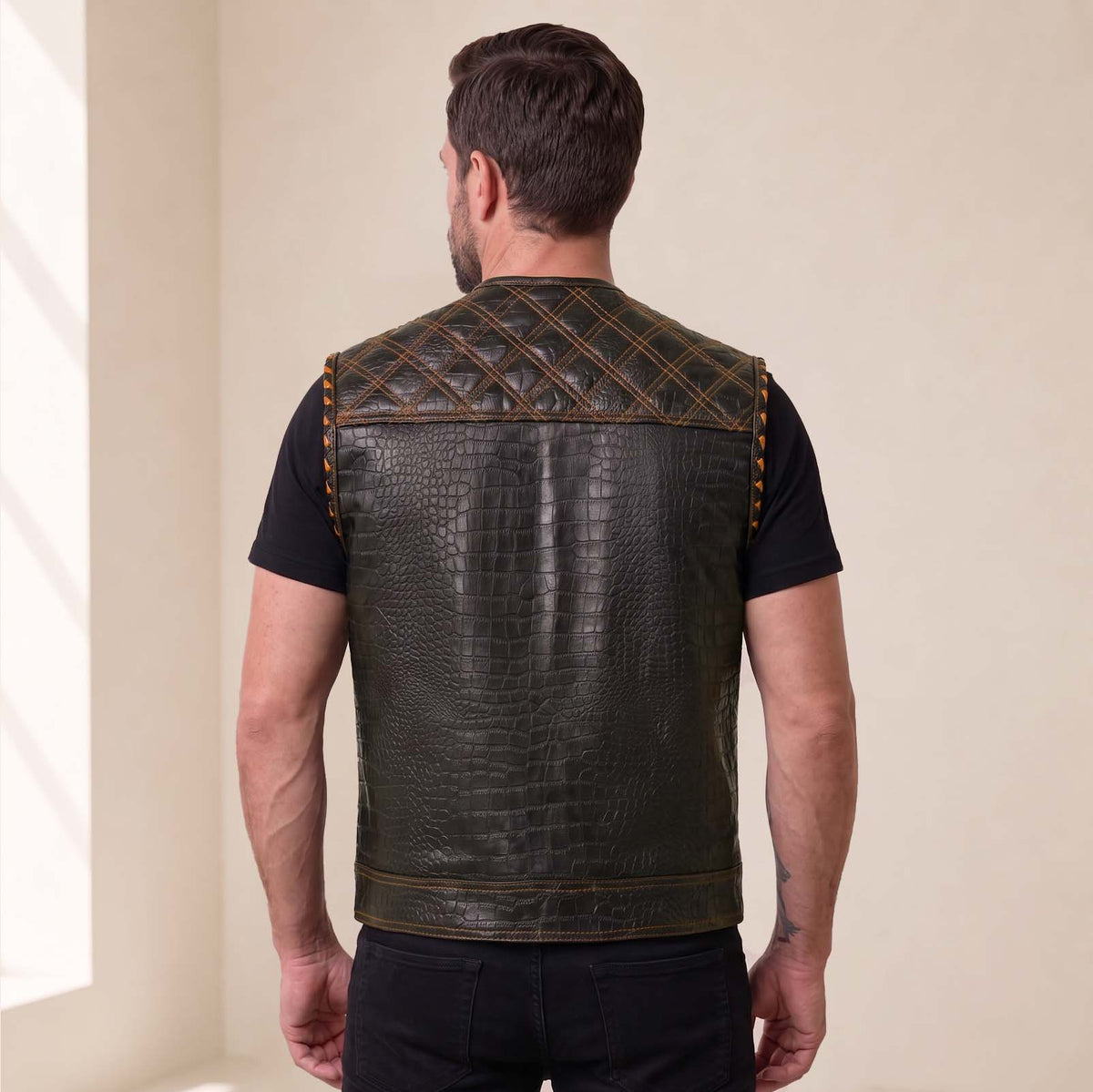 Men’s Crocodile Embossed Cowhide Leather Motorcycle Vest – Contrast Stitch Biker Club Vest