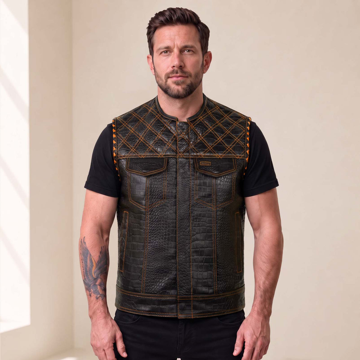 Men’s Crocodile Embossed Cowhide Leather Motorcycle Vest – Contrast Stitch Biker Club Vest