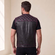 Men’s Crocodile Embossed Cowhide Leather Motorcycle Vest – Contrast Stitch Biker Club Vest