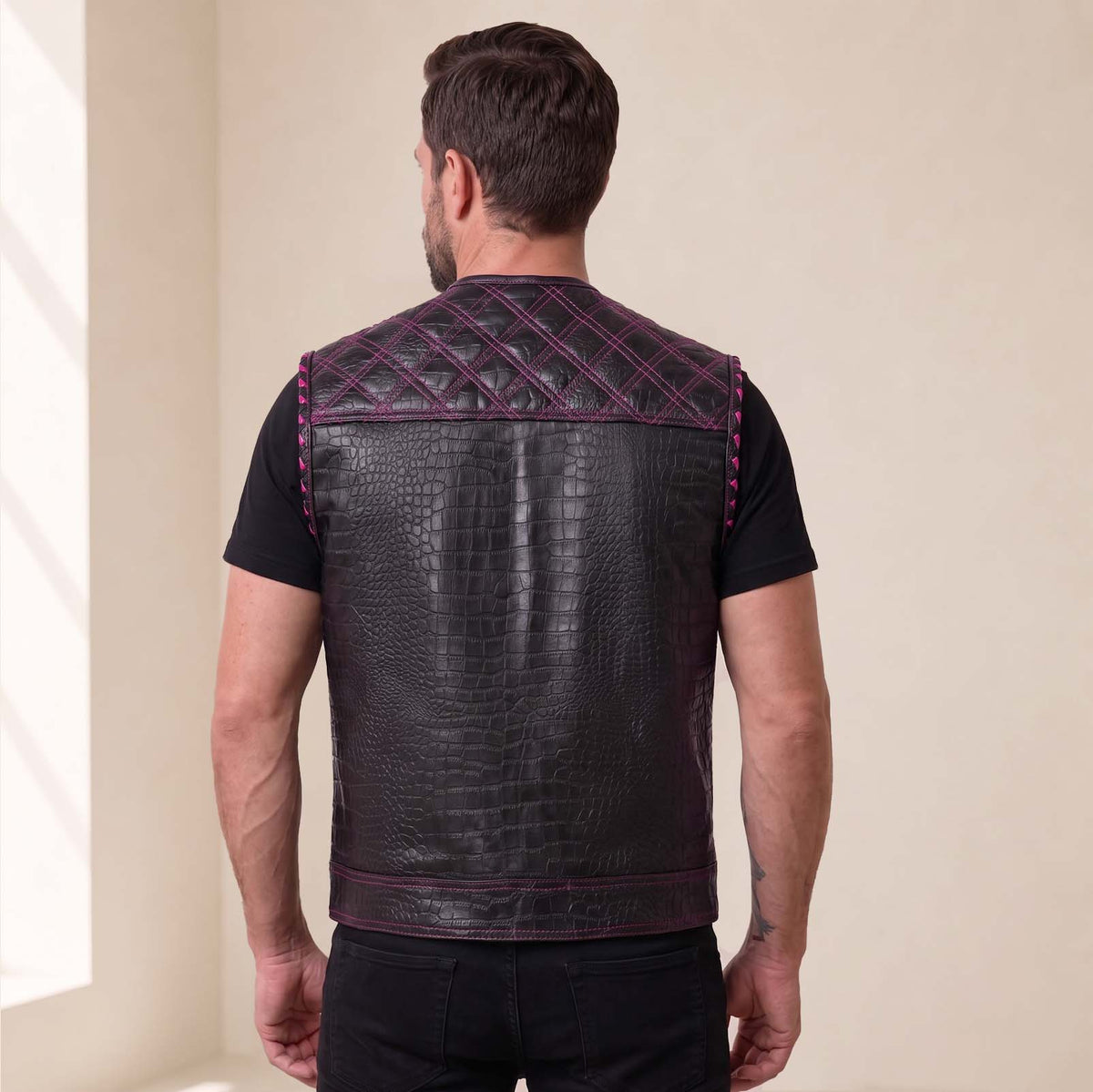 Men’s Crocodile Embossed Cowhide Leather Motorcycle Vest – Contrast Stitch Biker Club Vest
