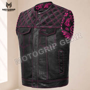 Men’s Crocodile Embossed Cowhide Leather Motorcycle Vest – Contrast Stitch Biker Club Vest