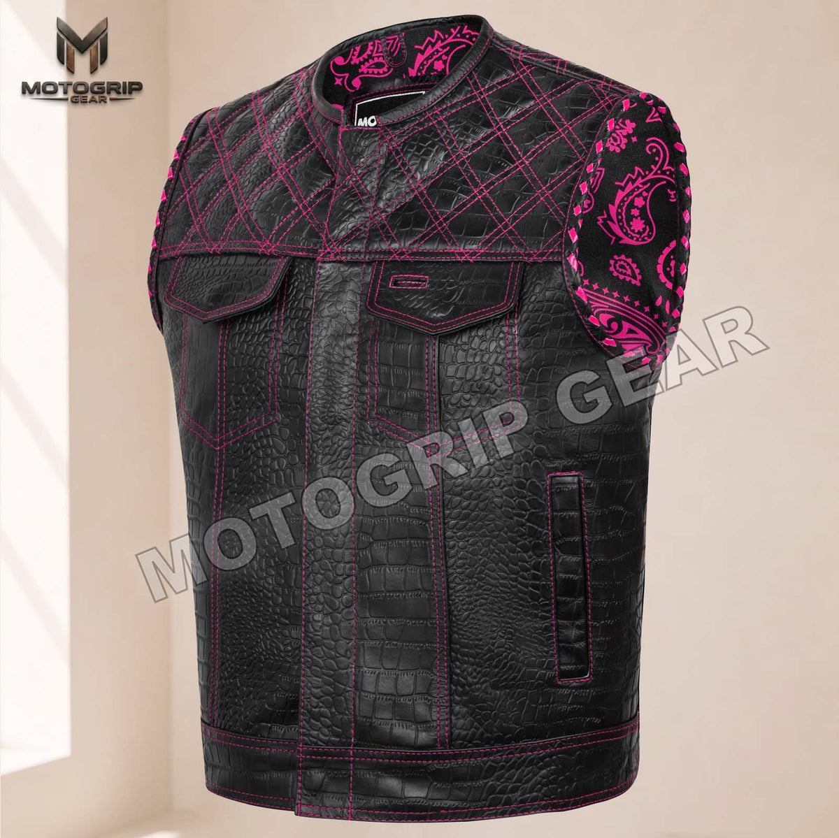 Men’s Crocodile Embossed Cowhide Leather Motorcycle Vest – Contrast Stitch Biker Club Vest