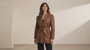 Women’s Luxury Designer Lambskin Leather Belted Jacket – Cognac Brown Statement Blazer