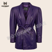 Women’s Luxury Designer Lambskin Leather Belted Jacket – Cognac Brown Statement Blazer