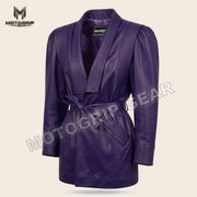 Women’s Luxury Designer Lambskin Leather Belted Jacket – Cognac Brown Statement Blazer