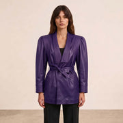 Women’s Luxury Designer Lambskin Leather Belted Jacket – Cognac Brown Statement Blazer