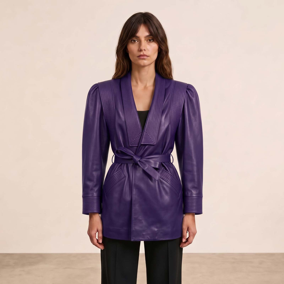 Women’s Luxury Designer Lambskin Leather Belted Jacket – Cognac Brown Statement Blazer