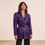 Women’s Luxury Designer Lambskin Leather Belted Jacket – Cognac Brown Statement Blazer