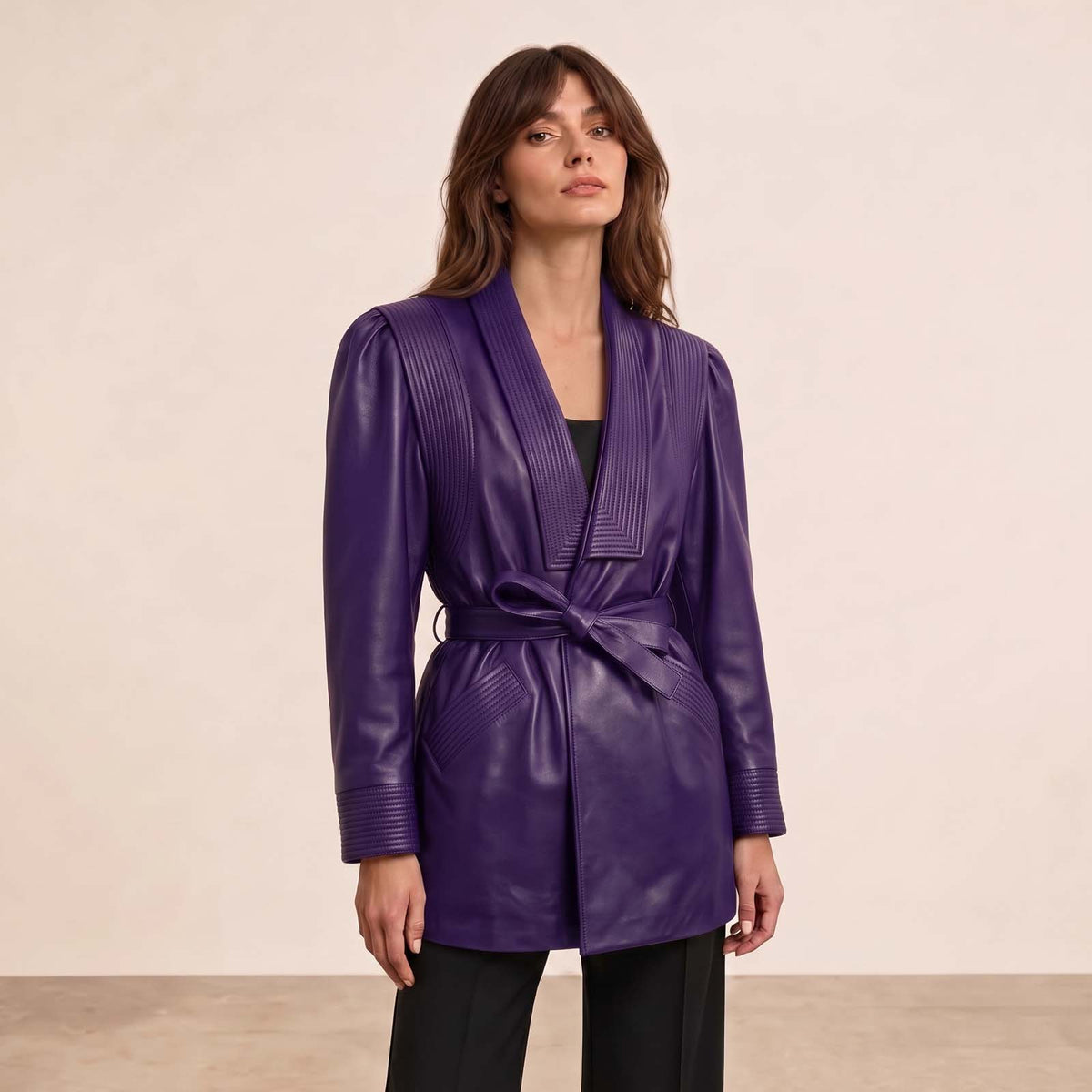 Women’s Luxury Designer Lambskin Leather Belted Jacket – Cognac Brown Statement Blazer
