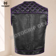 Men’s Crocodile Embossed Cowhide Leather Motorcycle Vest – Contrast Stitch Biker Club Vest