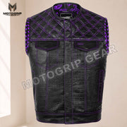 Men’s Crocodile Embossed Cowhide Leather Motorcycle Vest – Contrast Stitch Biker Club Vest