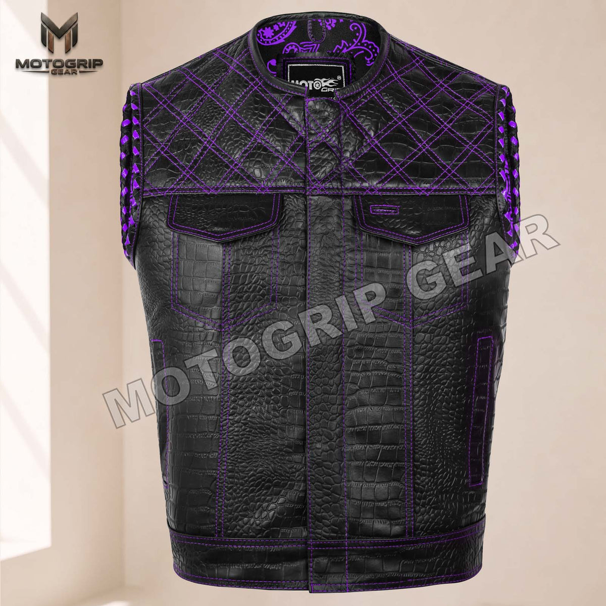 Men’s Crocodile Embossed Cowhide Leather Motorcycle Vest – Contrast Stitch Biker Club Vest