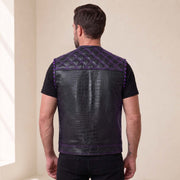 Men’s Crocodile Embossed Cowhide Leather Motorcycle Vest – Contrast Stitch Biker Club Vest